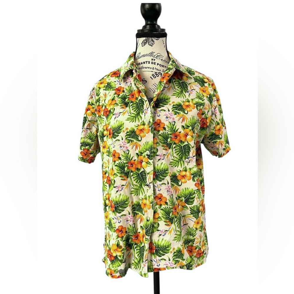 Go Barefoot Women’s Hawaiian Shirt Tropical Floral Print Button-Up, Size Medium